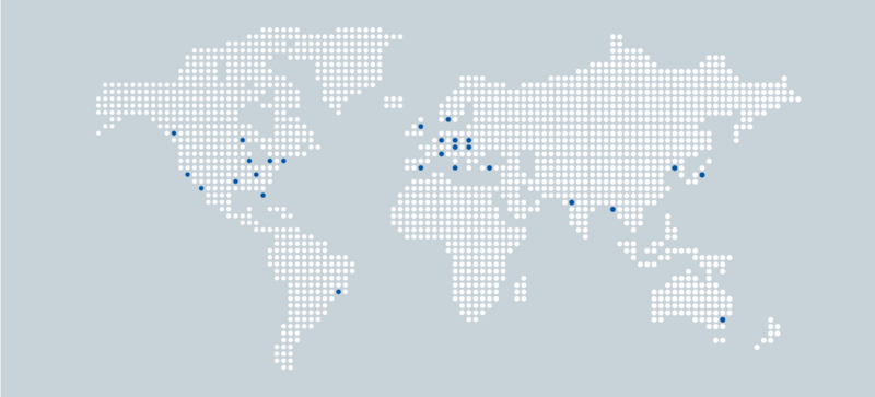 A map of the world made up of white dots. Countries with Storopack sites are indicated using blue dots. 
