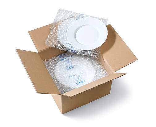 A cardboard box containing plates and air cushions