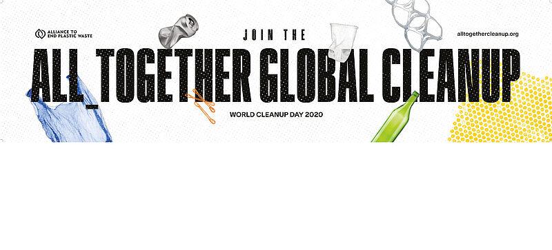 Graphic featuring the words “ALL_TOGETHER GLOBAL CLEANUP” and showing different kinds of trash