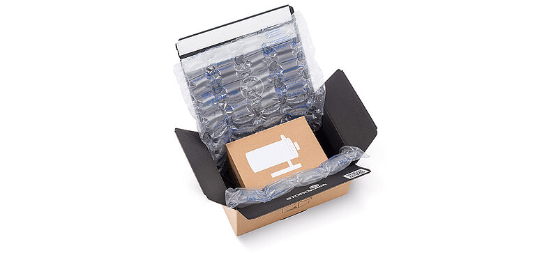 Secure e-commerce shipping box with protective padding and air cushioning.