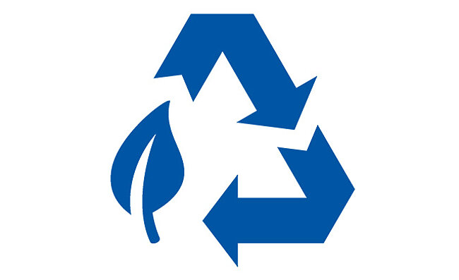 A blue recycling logo