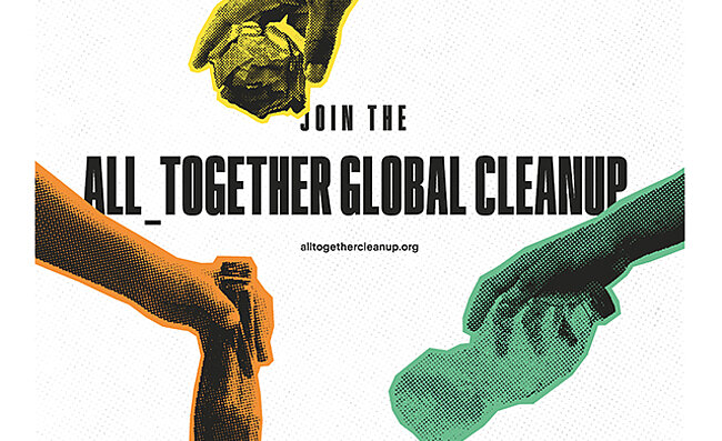 Graphic encouraging participation in the Global Cleanup that shows hands picking up trash