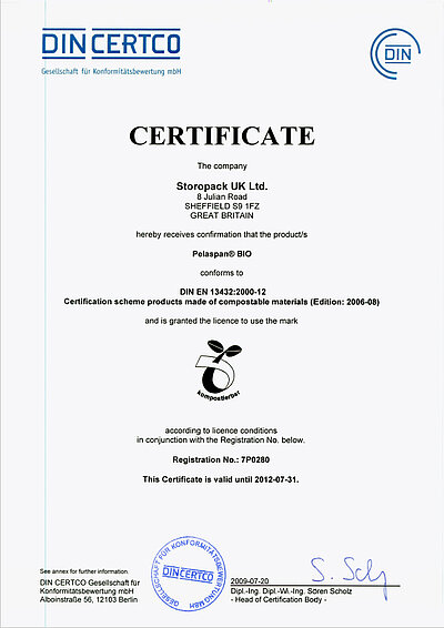 Abgebildet ist ein englischsprachiges Pelaspan Bio Zertifikat. 