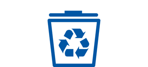 A blue symbol comprising a trash can bearing the recycling logo